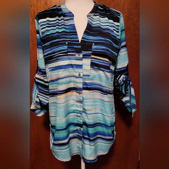 Calvin Klein Multi Color Flowing Relaxed Bus Blue Shades White Womens Sz M - Picture 1 of 10